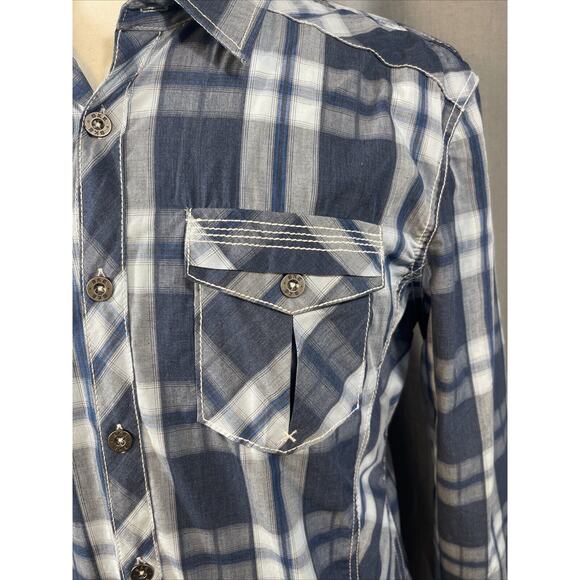 BKE Western Tailored Fit Shirt Mens L LongSleeve Blue Plaid Metal Buttons - Picture 2 of 10